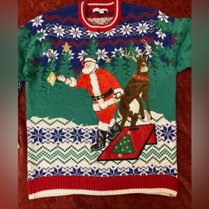 Kitsch Christmas Sweater Santa Reindeer Corn Hole Games Colorful Nordic Sz L